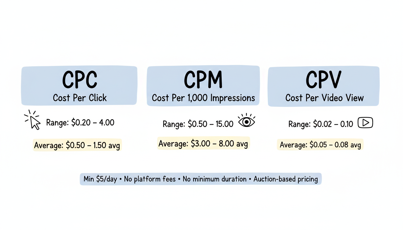 Reddit ad pricing models: CPC $0.20–$4.00, CPM $0.50–$15.00, CPV $0.02–$0.10