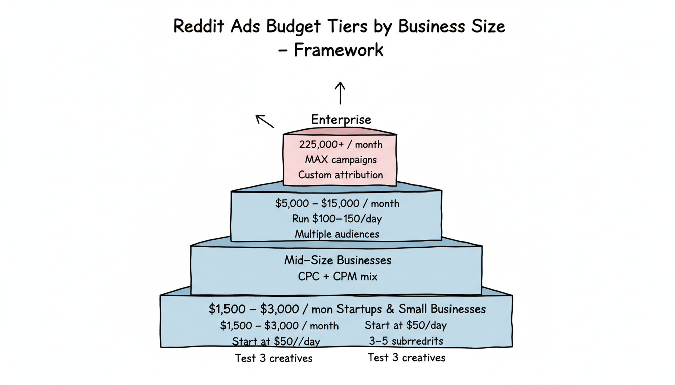 Reddit advertising budget tiers by business size: Startups $1,500–$3,000/mo, Mid-Size $5,000–$15,000/mo, Enterprise $25,000+/mo