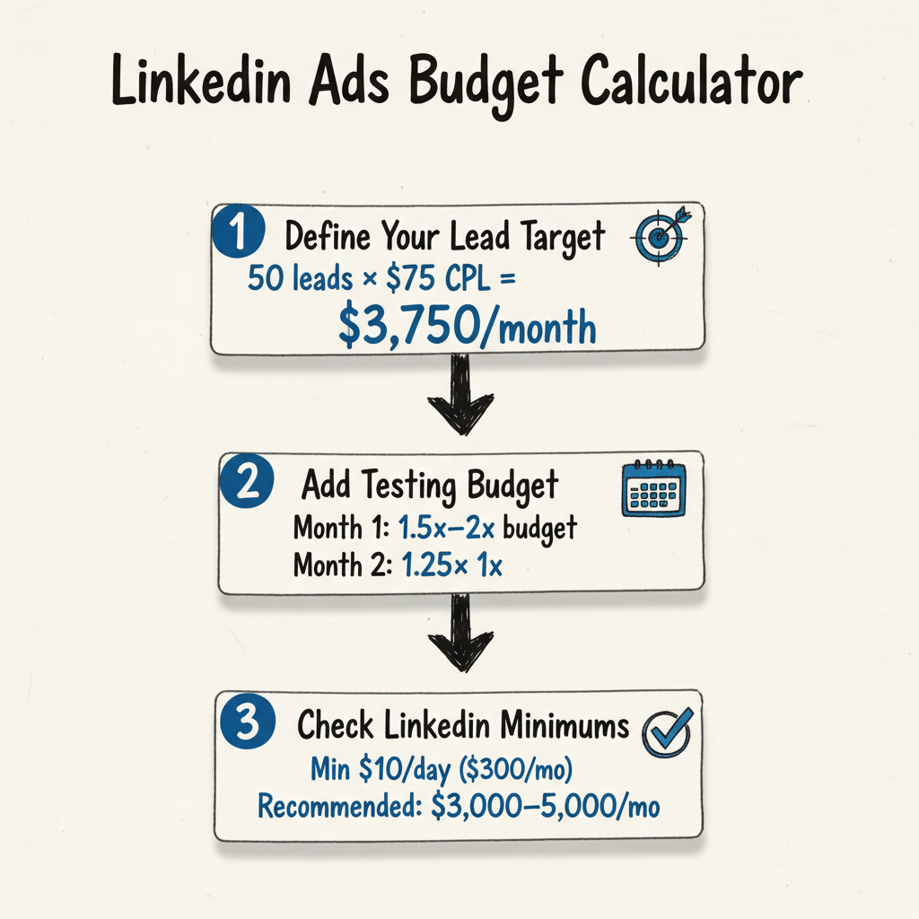 LinkedIn Ads monthly budget calculator showing 3-step process from lead target to required spend