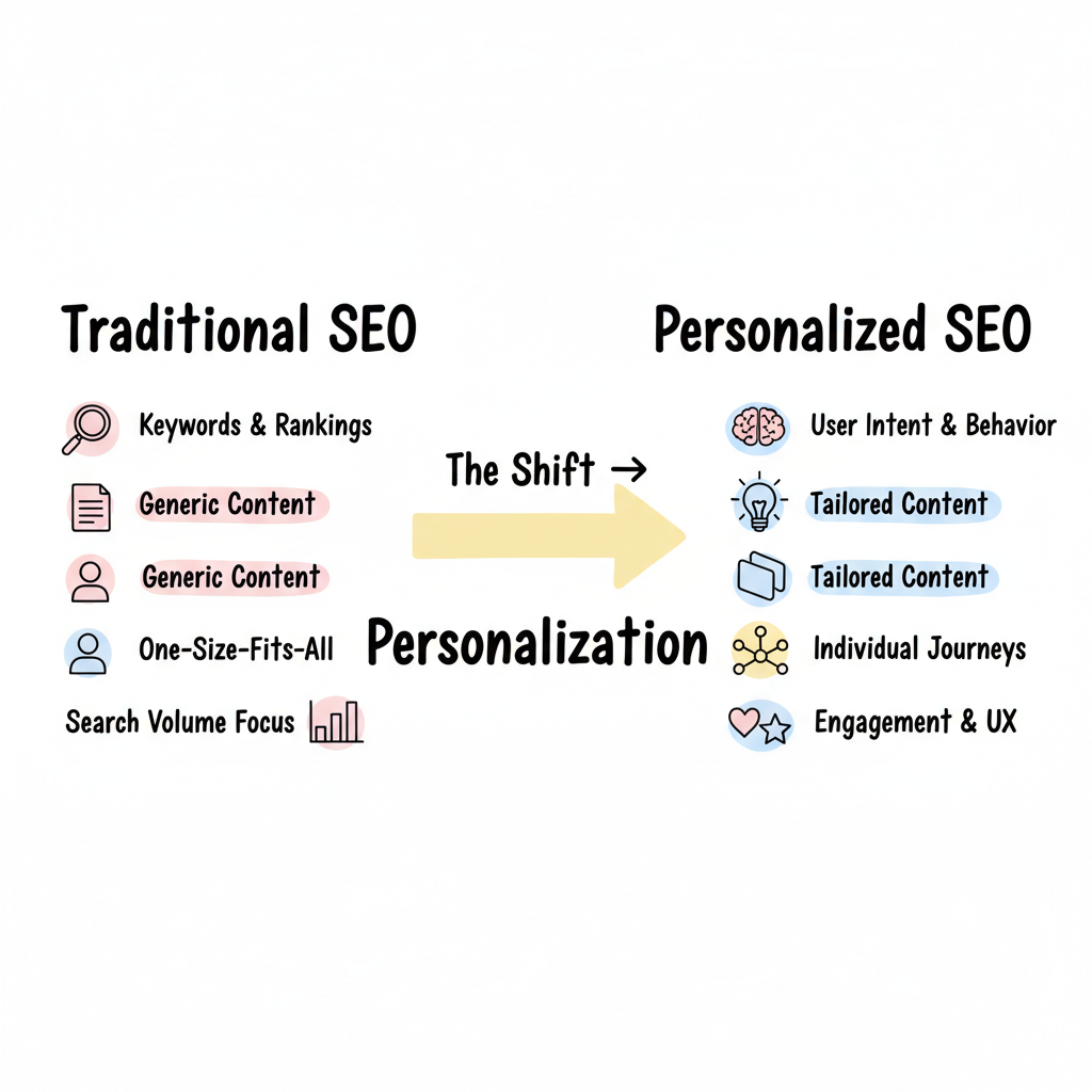Framework comparing Traditional SEO (keywords, rankings, generic content) to Personalized SEO (user intent, tailored content, individual journeys, engagement), with a central arrow showing the strategic shift driven by personalization