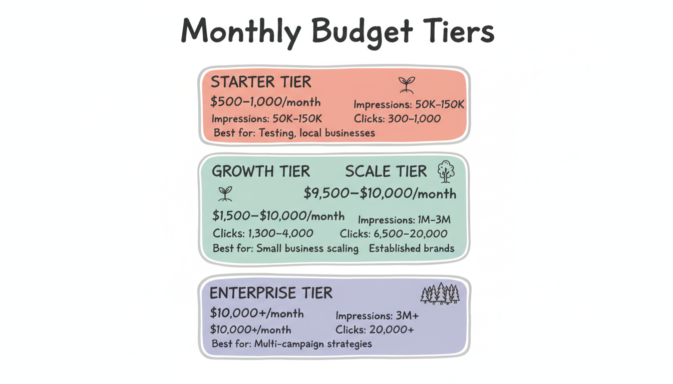 TikTok advertising monthly budget tiers comparison showing Starter ($500-$1,000), Growth ($1,500-$3,000), Scale ($5,000-$10,000), and Enterprise ($10,000+) levels with impressions, clicks, and best use cases
