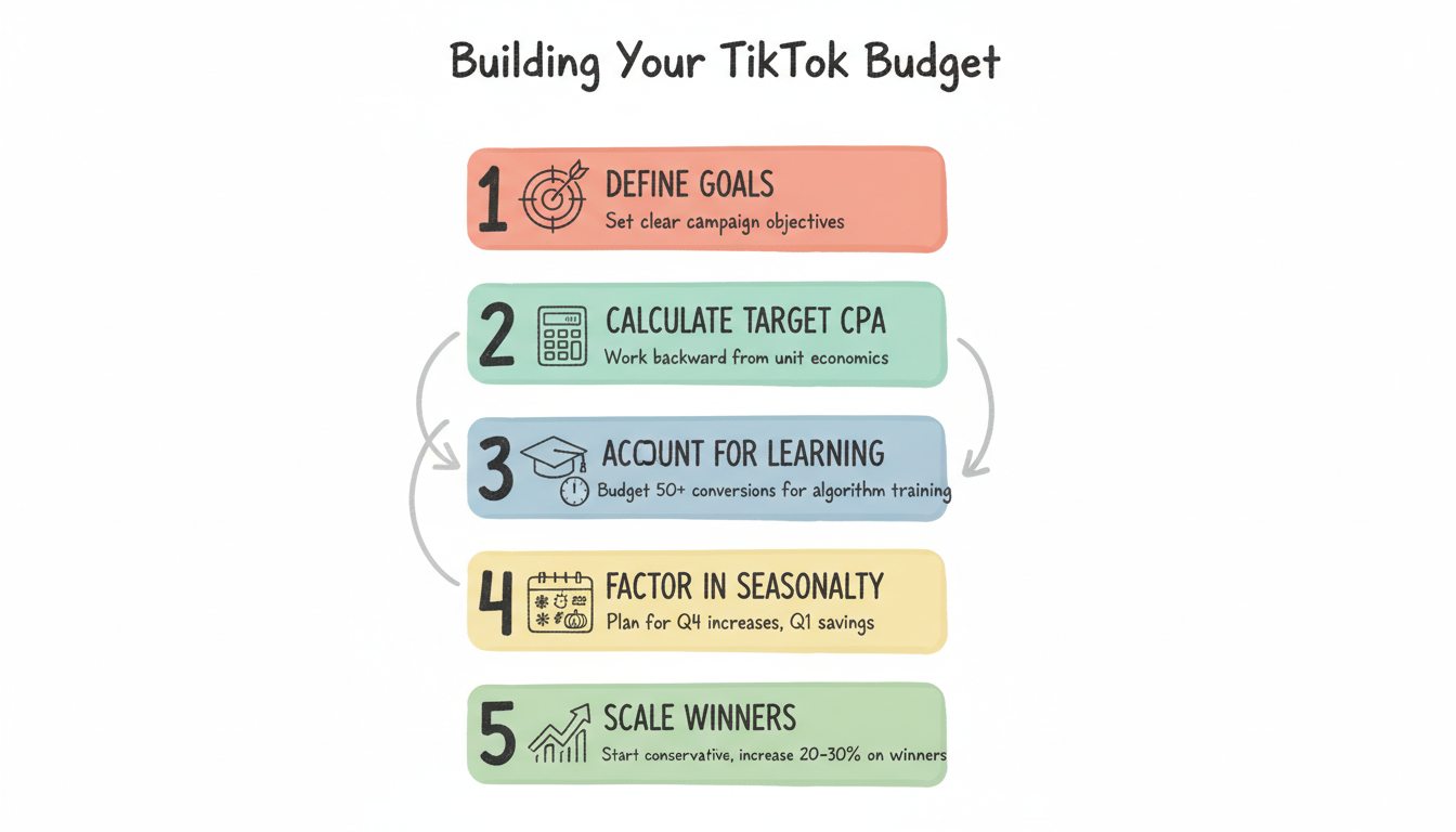 Five-step framework for building a TikTok advertising budget: Define Goals, Calculate Target CPA, Account for Learning Phase, Factor in Seasonality, and Scale Winners