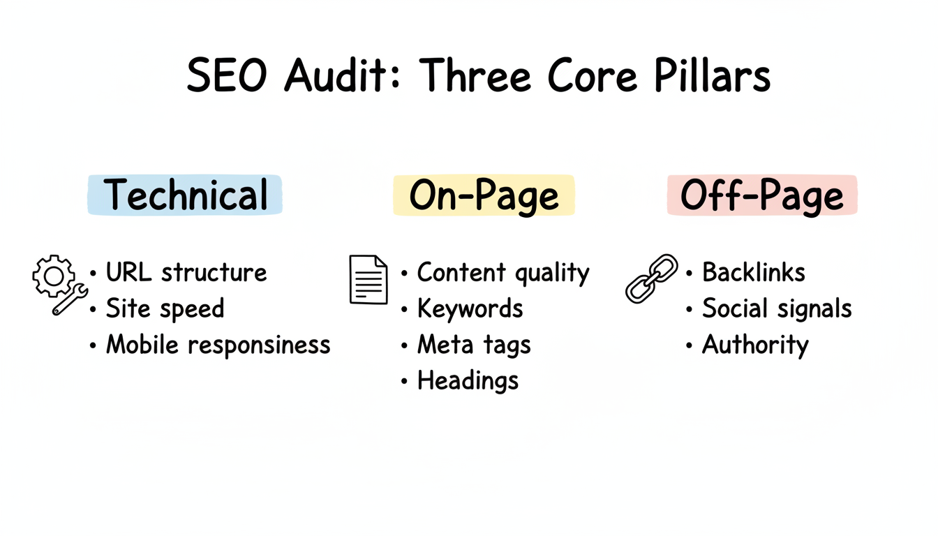 The three core pillars of an SEO audit: Technical, On-Page, and Off-Page