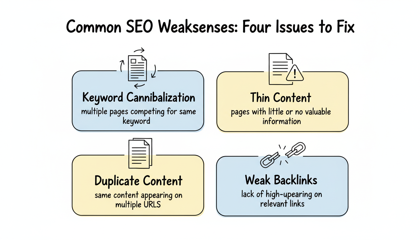 Four common SEO weaknesses: keyword cannibalization, thin content, duplicate content, and weak backlinks