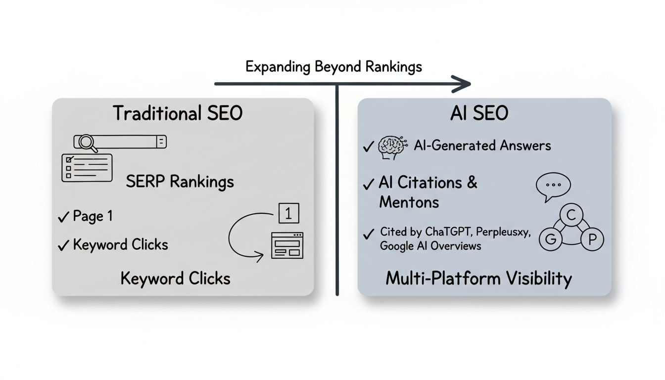 AI SEO vs Traditional SEO comparison: left side shows Traditional SEO focused on SERP rankings and keyword clicks, right side shows AI SEO focused on citations across ChatGPT, Perplexity, and Google AI Overviews
