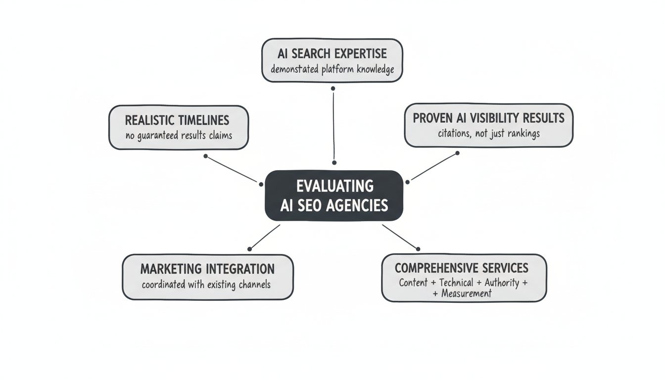 AI SEO agency evaluation framework: hub-and-spoke diagram with five criteria — AI Search Expertise, Proven AI Visibility Results, Comprehensive Services, Marketing Integration, and Realistic Timelines