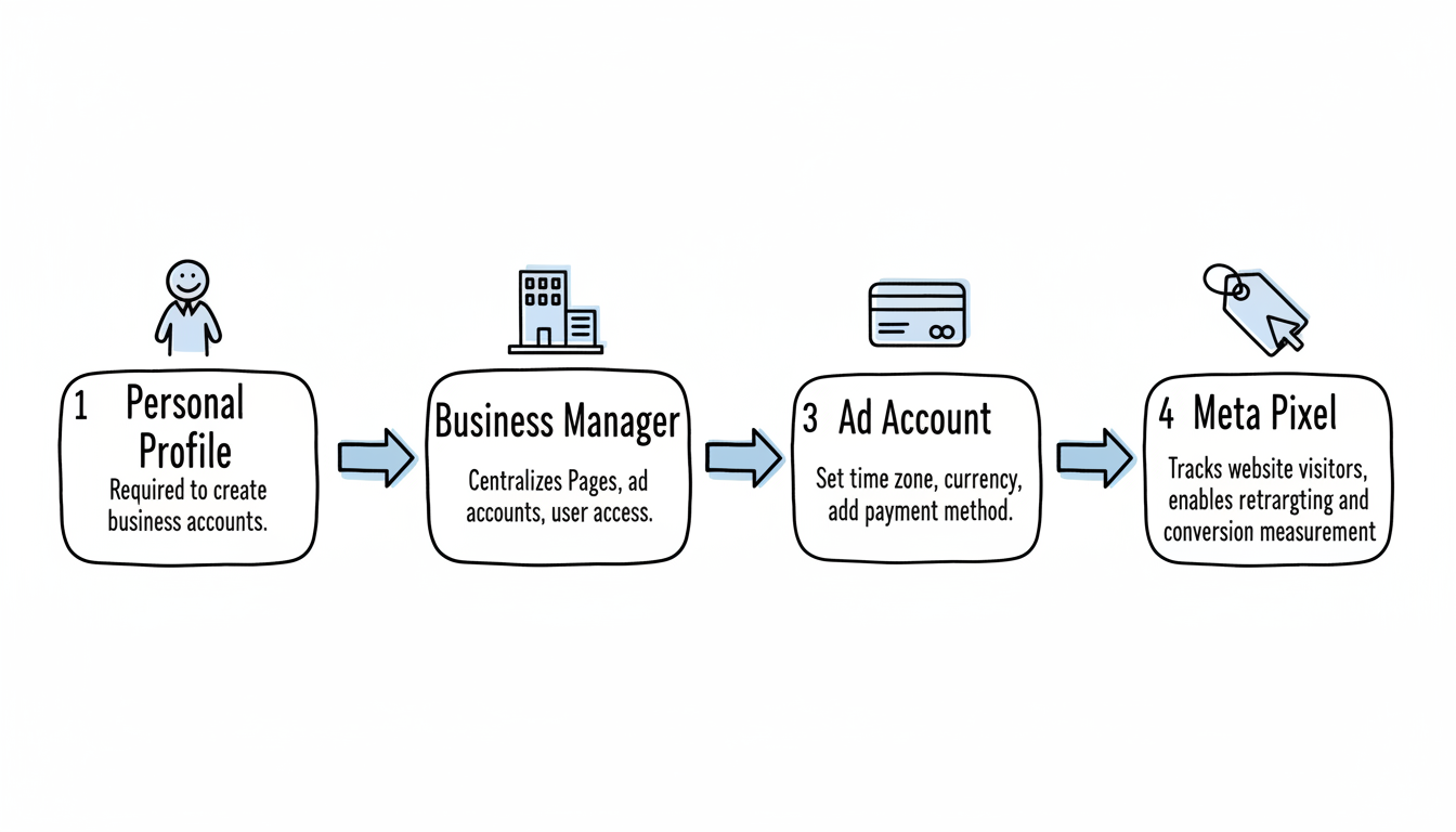 Facebook Ads account setup flowchart showing the sequence: Personal Profile → Meta Business Manager → Ad Account → Meta Pixel