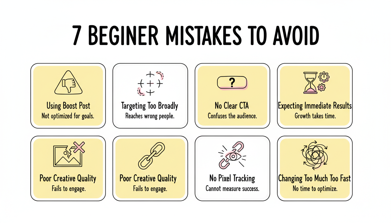 7 common Facebook Ads beginner mistakes infographic with warning cards for each error