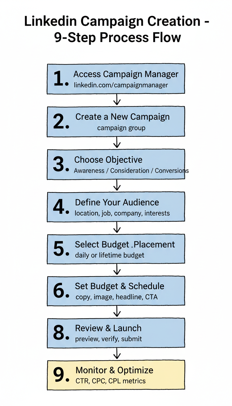 LinkedIn Ads campaign creation - 9-step process flowchart