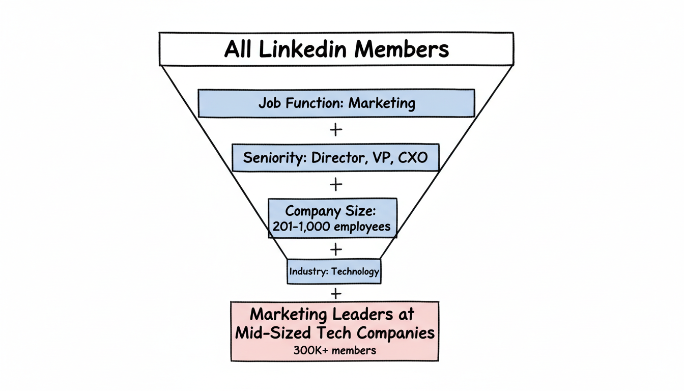 LinkedIn layered audience targeting funnel - filtering attributes to reach ideal audience
