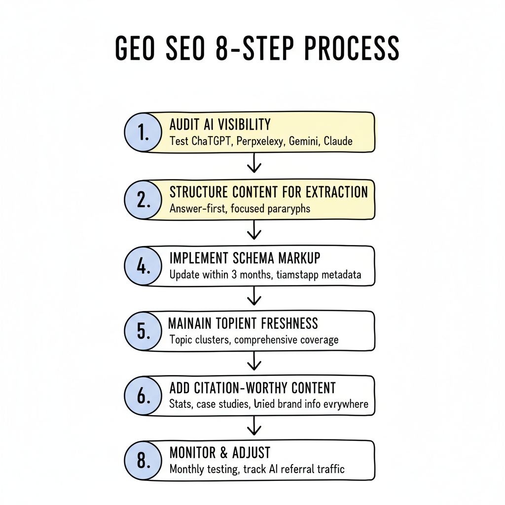 GEO SEO 8-step process flowchart showing the complete framework from auditing AI visibility to monitoring and adjusting