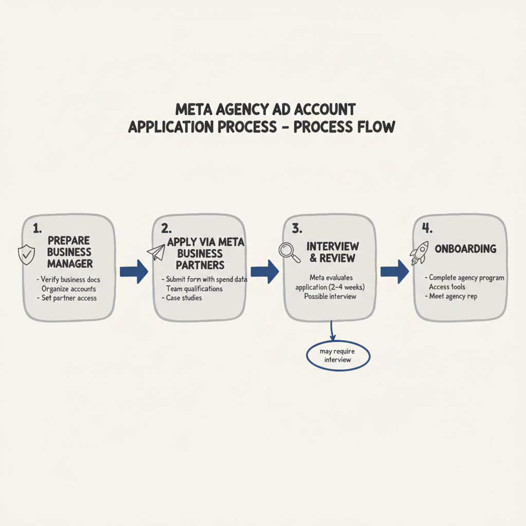 Meta agency ad account application process: 4-step flowchart from Business Manager setup to onboarding