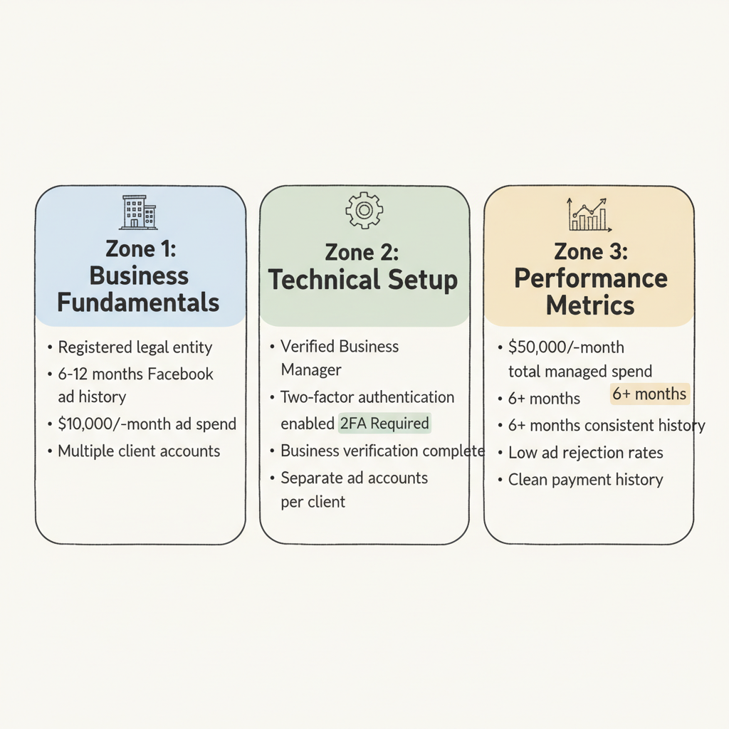 Meta agency ad account requirements overview: Business Fundamentals, Technical Setup, and Performance Metrics