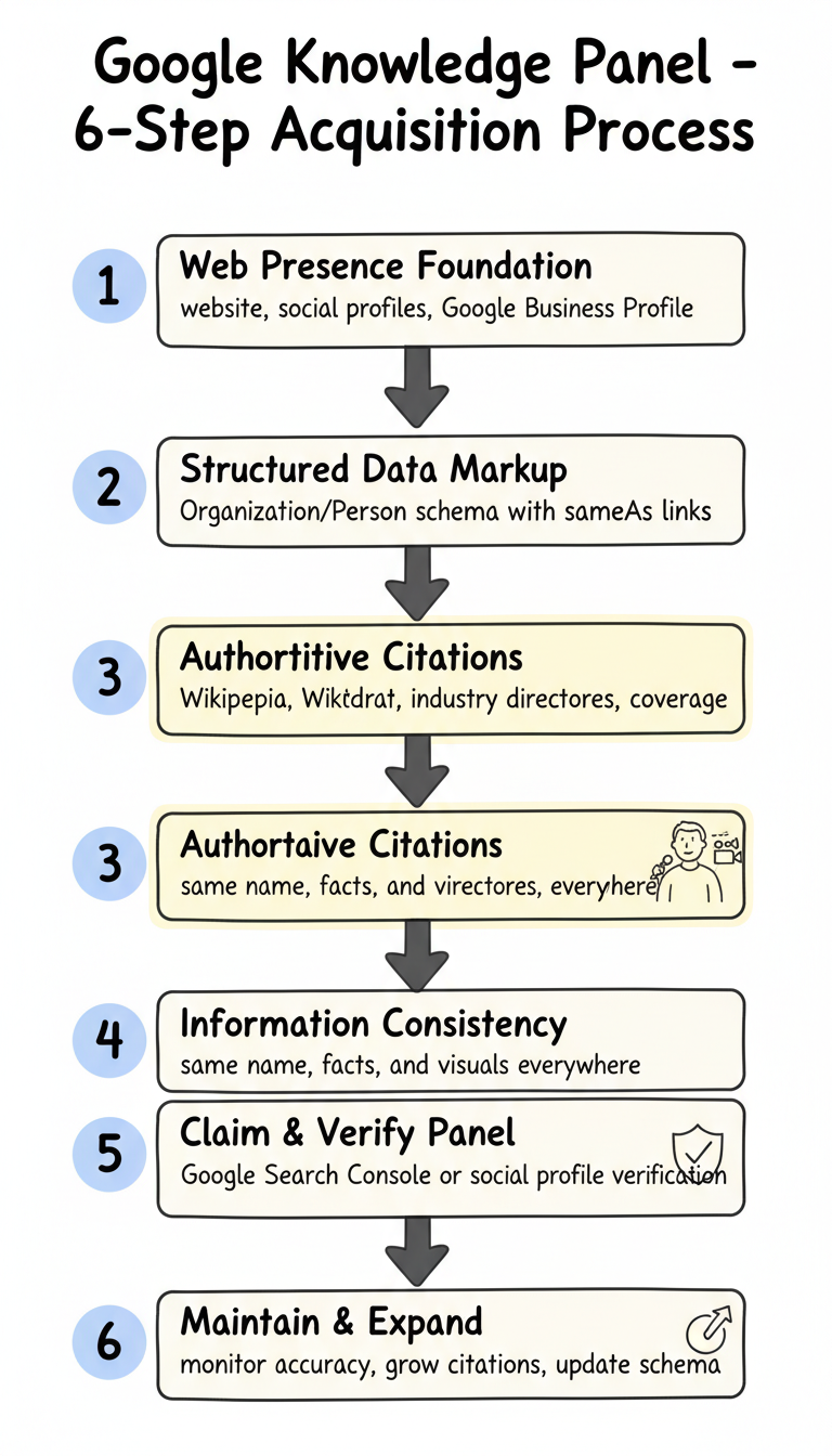 6-step process to get a Google Knowledge Panel: web presence, structured data, citations, consistency, claim, and maintain