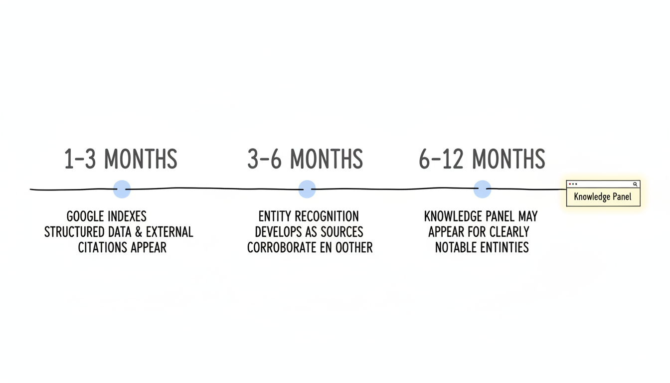 Timeline for Google Knowledge Panel: 1-3 months for indexing, 3-6 months for entity recognition, 6-12 months for panel appearance