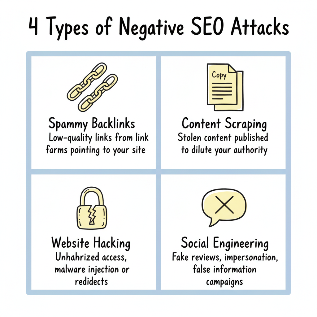 4 Types of Negative SEO Attacks: Spammy Backlinks, Content Scraping, Website Hacking, and Social Engineering