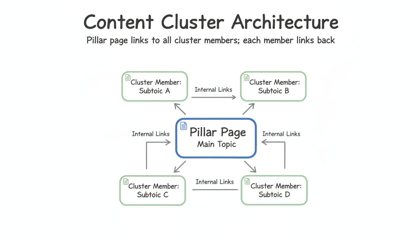 Content cluster hub-and-spoke architecture showing a central pillar page connected to surrounding cluster member pages via bidirectional internal links