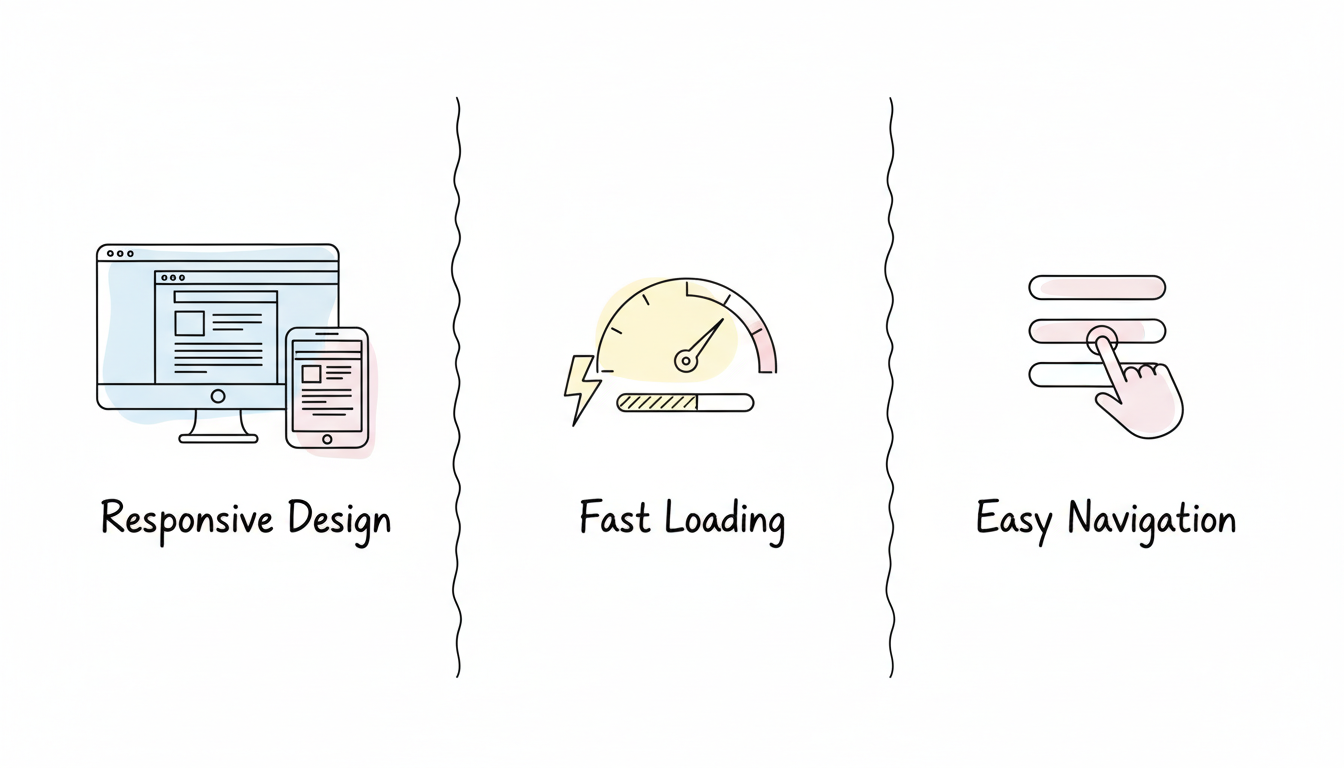 The three core pillars of a mobile-friendly website: Responsive Design, Fast Loading, and Easy Navigation