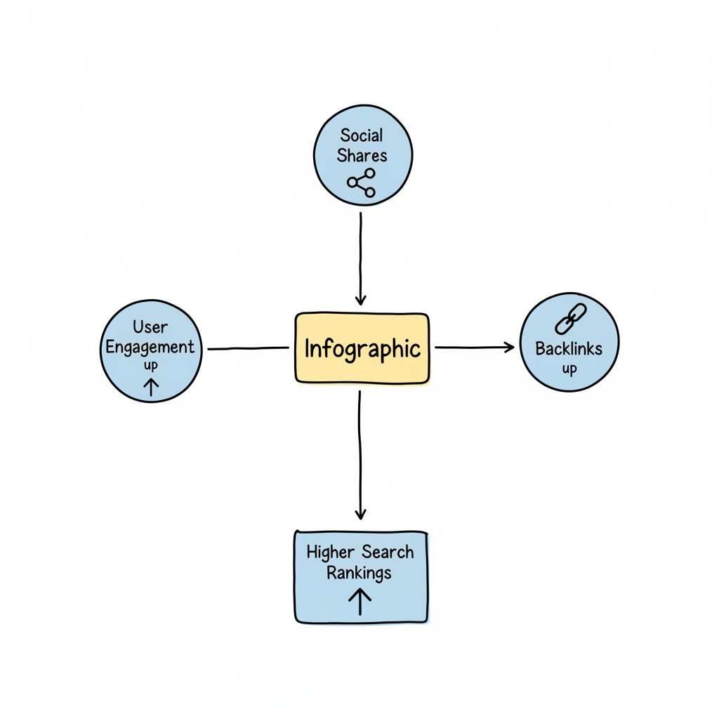 Infographics drive SEO through three interconnected benefits: user engagement, social shares, and backlinks — all contributing to higher search rankings