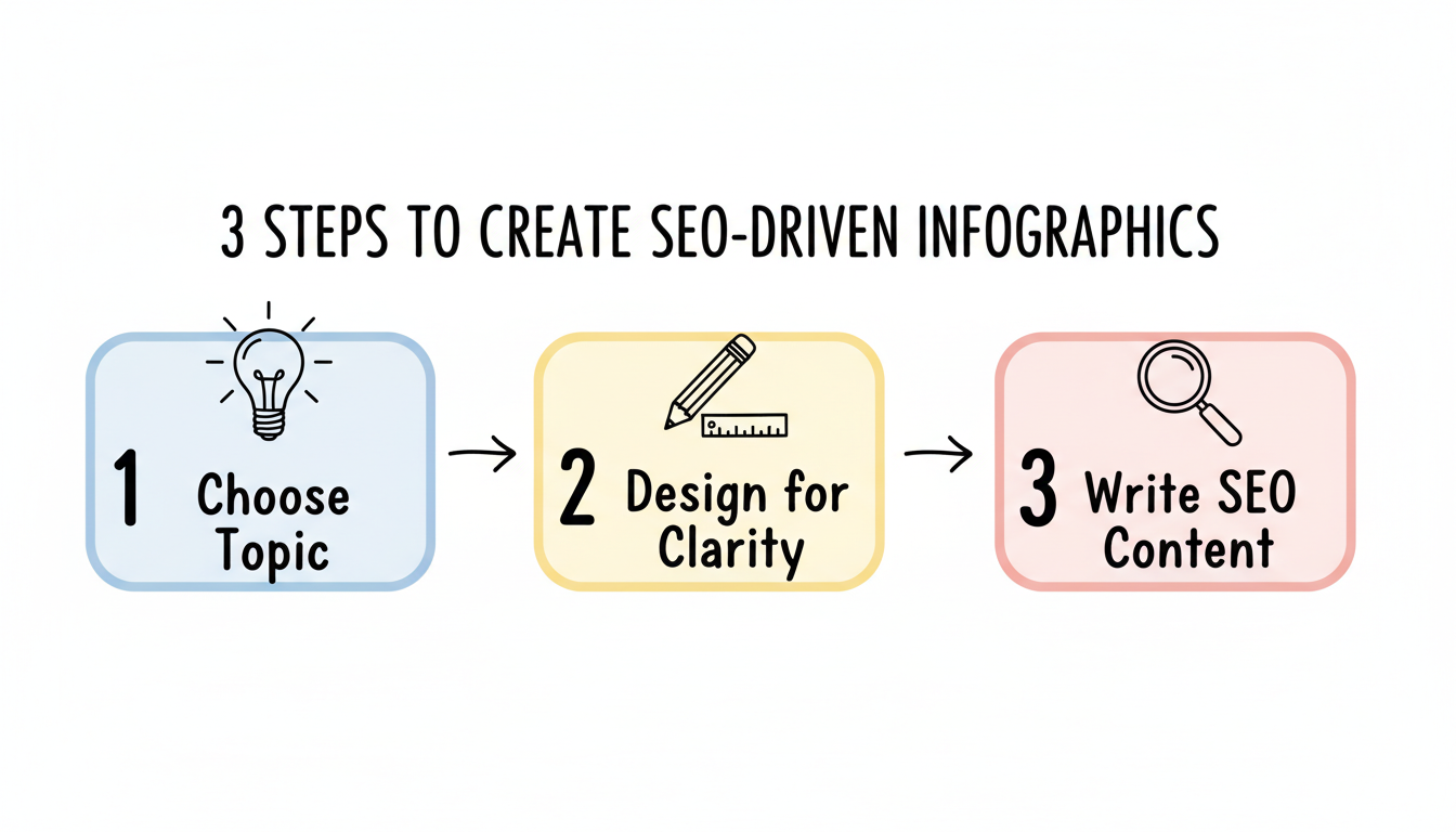 Three sequential steps to create SEO-driven infographics: Choose Topic, Design for Clarity, Write SEO Content
