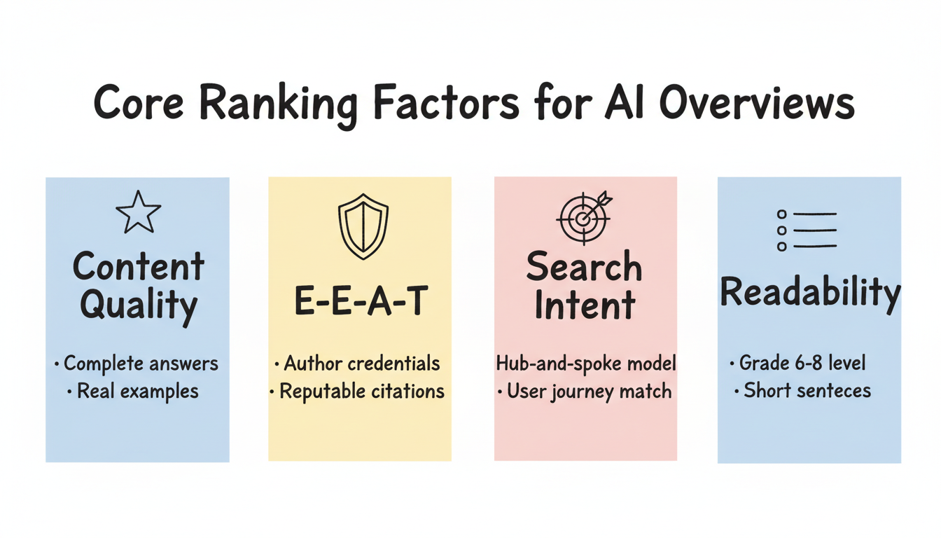Four core ranking factors for AI Overviews: Content Quality, E-E-A-T, Search Intent, and Readability
