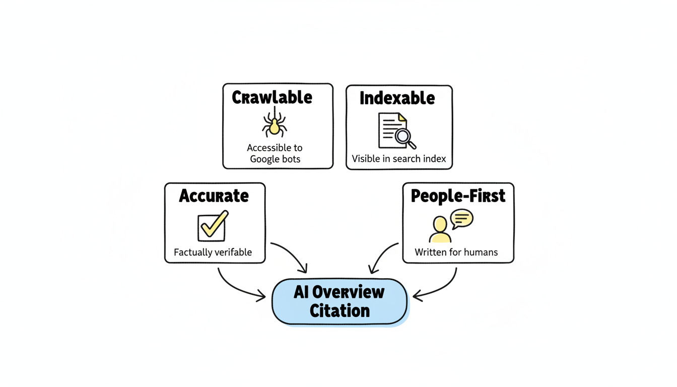 AI Overview content selection criteria: Crawlable, Indexable, Accurate, and People-First feeding into AI Overview citation