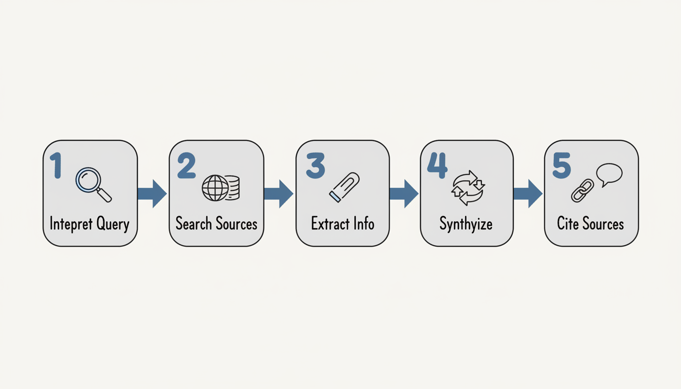 The 5-step AI response process: Interpret Query, Search Sources, Extract Info, Synthesize, Cite Sources