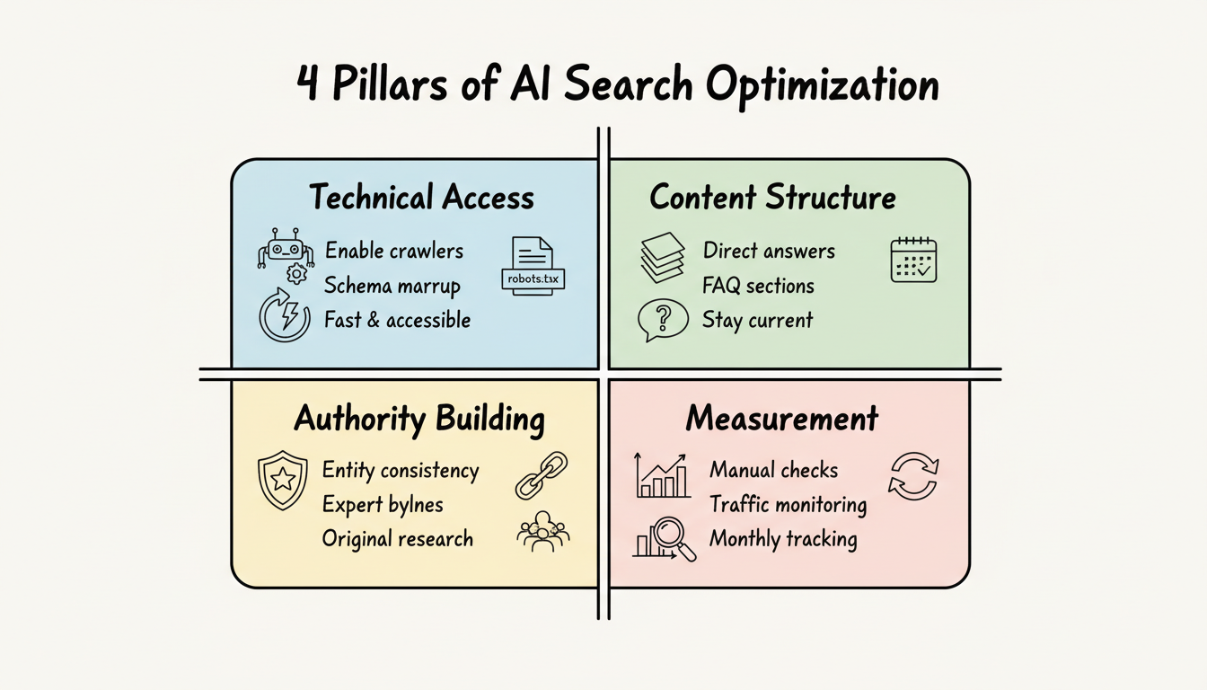 The four pillars of AI search optimization: Technical Access, Content Structure, Authority Building, and Measurement