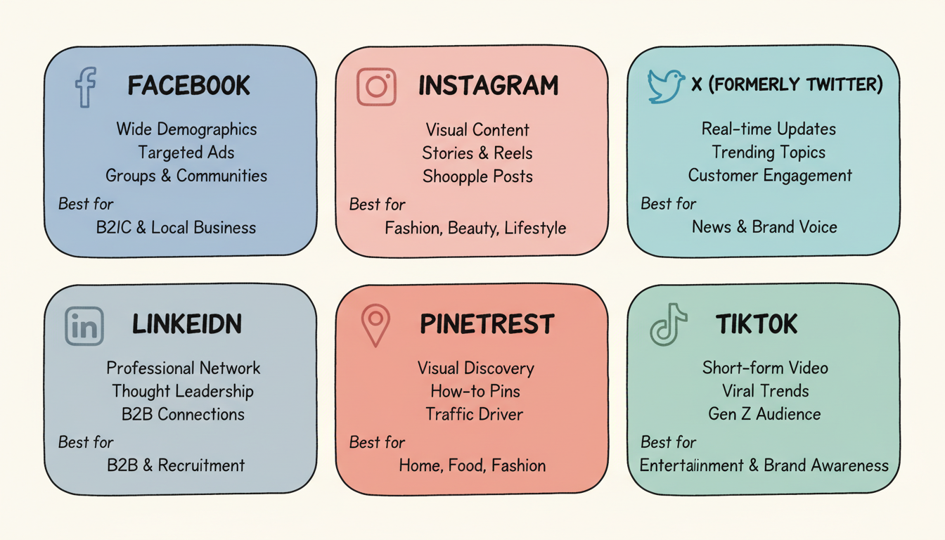 Social media platforms comparison showing Facebook, Instagram, Twitter, LinkedIn, Pinterest, and TikTok with their unique features and best use cases