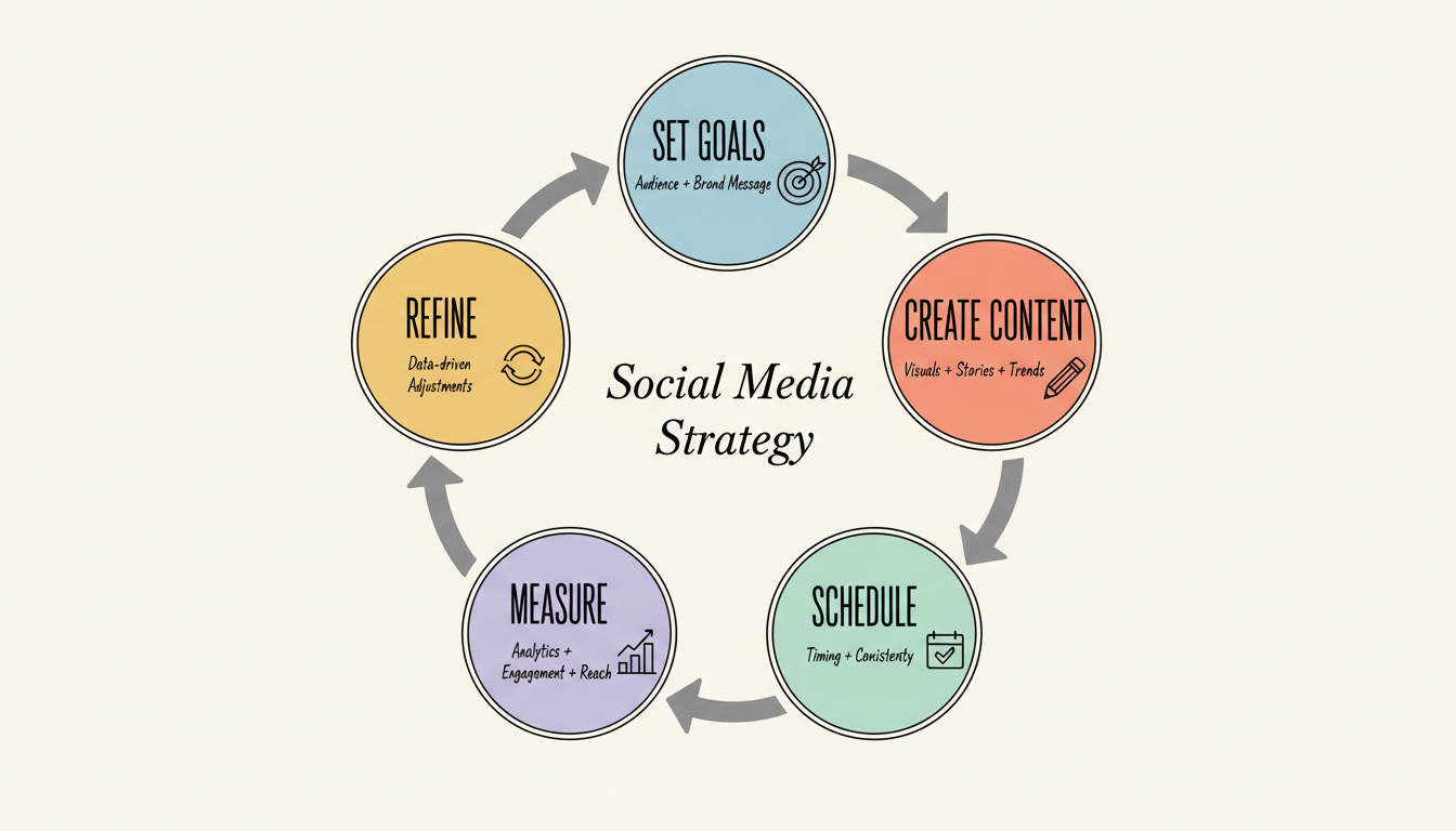 Social media marketing strategy cycle showing the five-step loop: Set Goals, Create Content, Schedule, Measure, and Refine