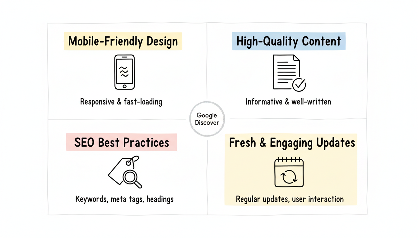 Four pillars of Google Discover optimization: Mobile-Friendly Design, High-Quality Content, SEO Best Practices, and Fresh & Engaging Updates