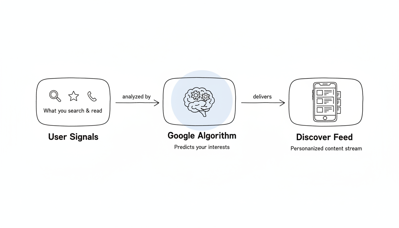 Google Discover personalization pipeline: User Signals flow through the Google Algorithm to deliver a personalized Discover Feed