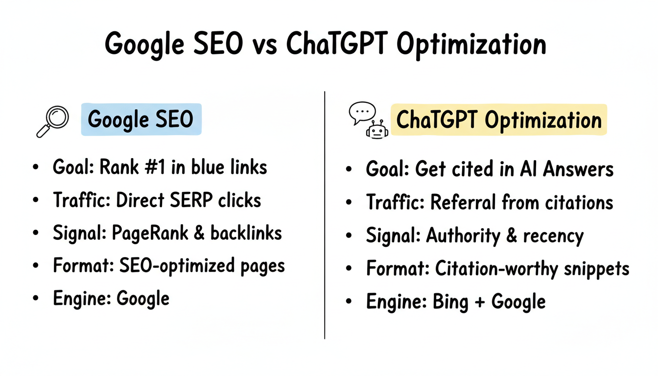 Google SEO vs ChatGPT Optimization - side-by-side comparison of key factors including goal, traffic source, ranking signals, and content format