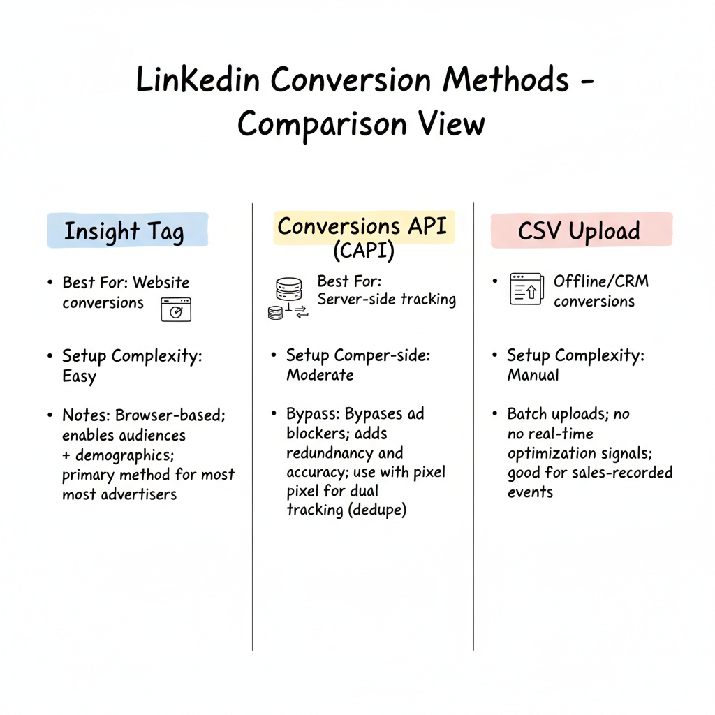 Insight Tag vs CAPI vs CSV upload — best for and setup complexity at a glance
