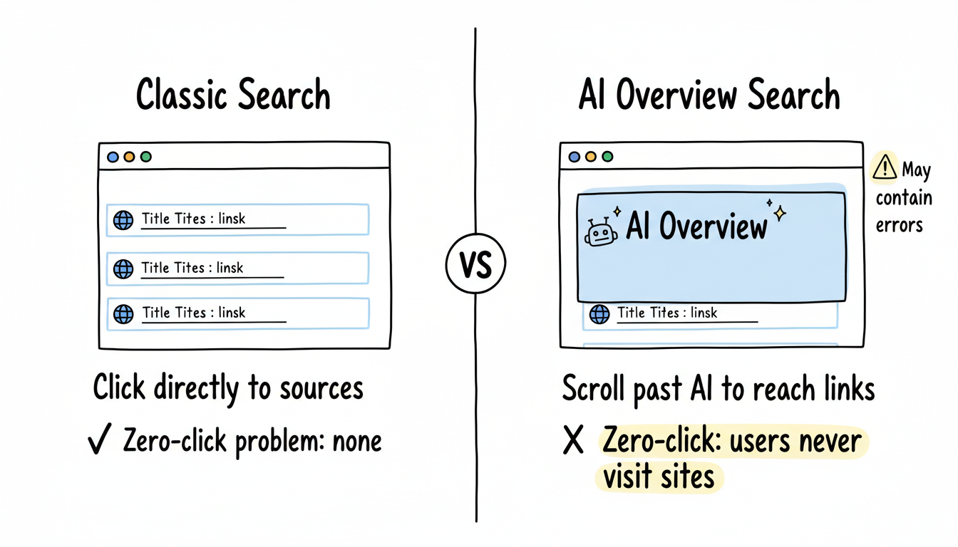 Classic Google search results vs Google AI Overview — side-by-side comparison showing how AI summaries push links below the fold