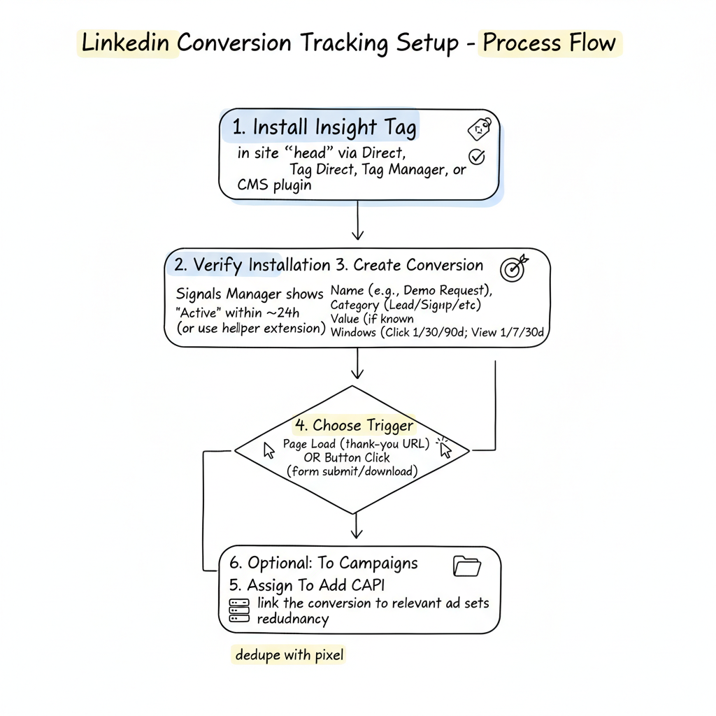 LinkedIn conversion setup flow (Insight Tag → Verify → Create Conversion → Trigger → Assign → Optional CAPI with dedupe)