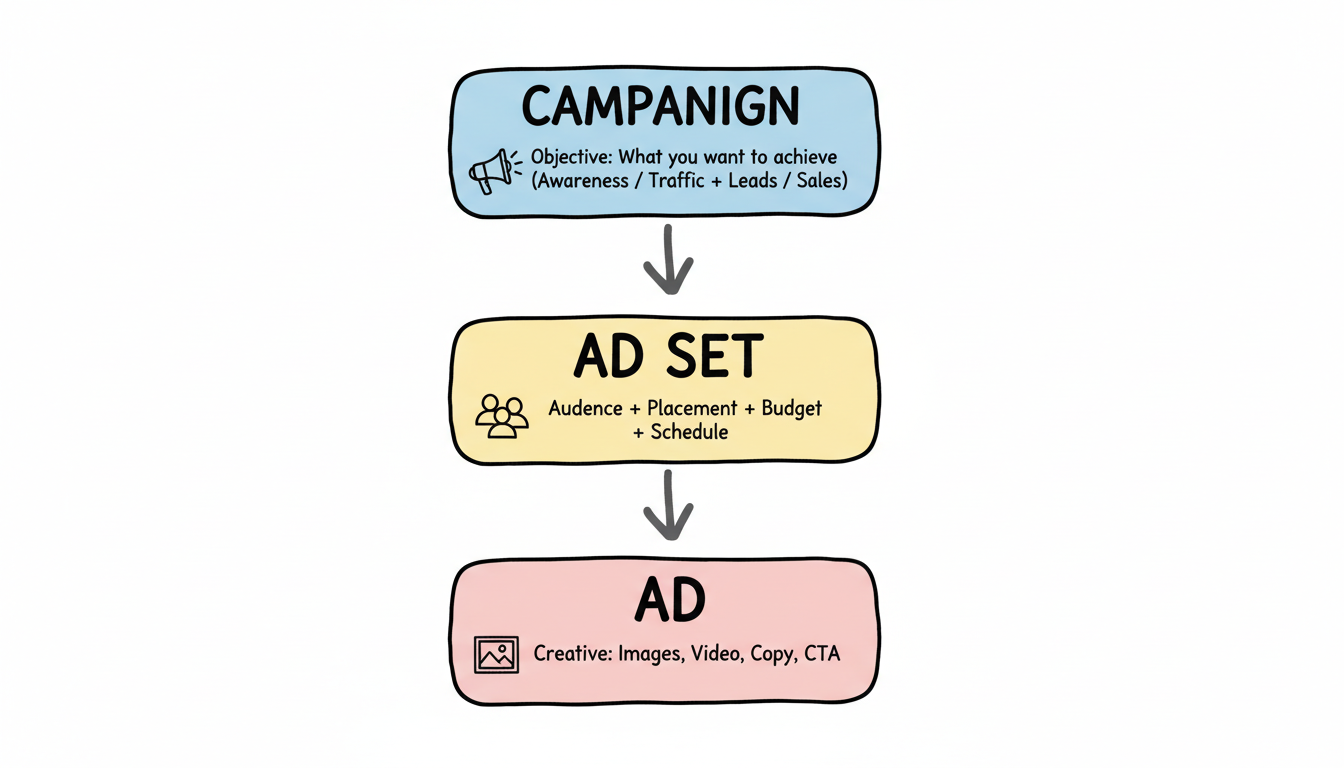 Facebook Ads 3-level campaign hierarchy: Campaign sets the objective, Ad Set controls audience/placement/budget/schedule, Ad contains the creative