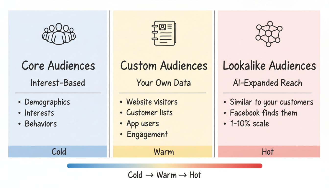 Facebook Ads audience types comparison: Core Audiences (interest-based, cold), Custom Audiences (your own data, warm), and Lookalike Audiences (AI-expanded reach, hot)