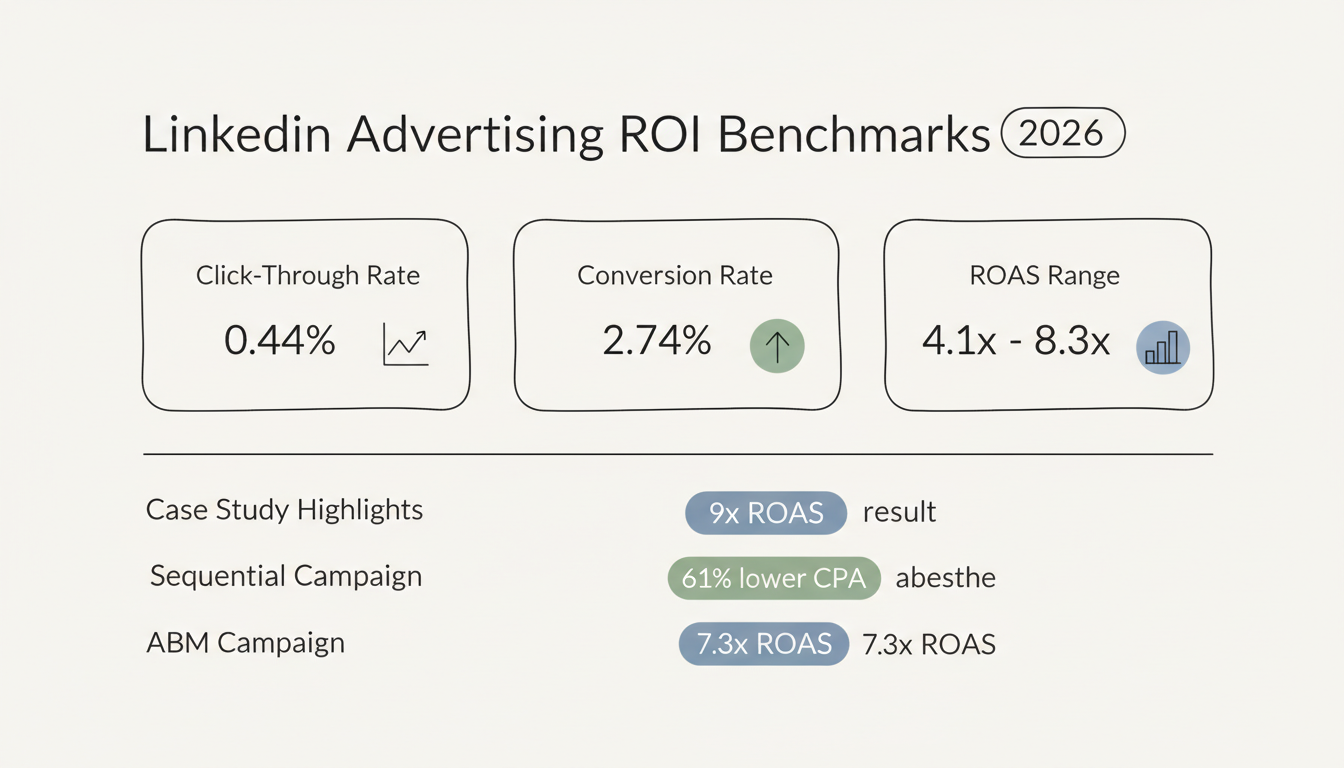 LinkedIn Advertising ROI Benchmarks 2026 - Key metrics including CTR, conversion rates, and case study results showing 9x ROAS potential
