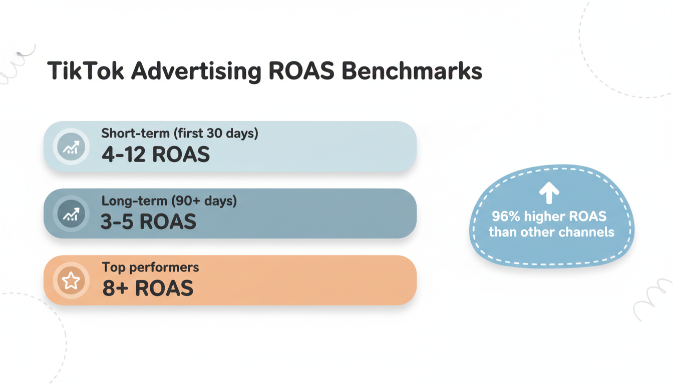 TikTok ROAS Benchmarks showing short-term 4-12x, long-term 3-5x, and top performers 8+ ROAS