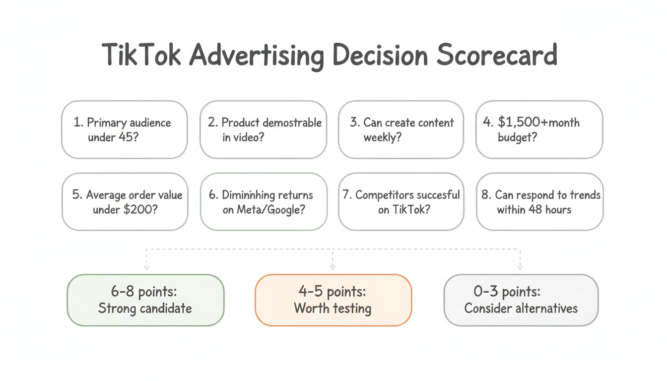 TikTok Advertising Decision Scorecard with 8 questions and scoring brackets