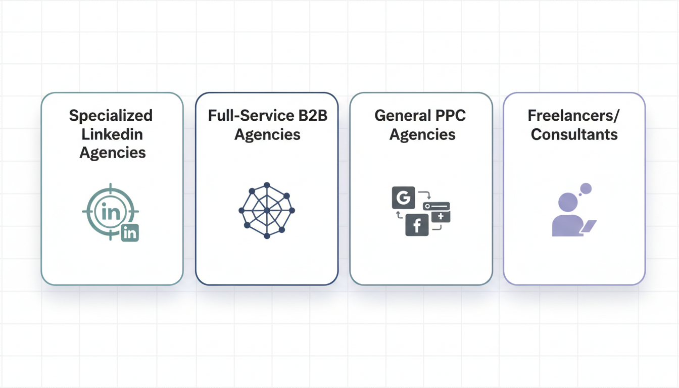 Comparison of LinkedIn advertising company types showing four categories: Specialized LinkedIn Agencies, Full-Service B2B Agencies, General PPC Agencies, and Freelancers/Consultants