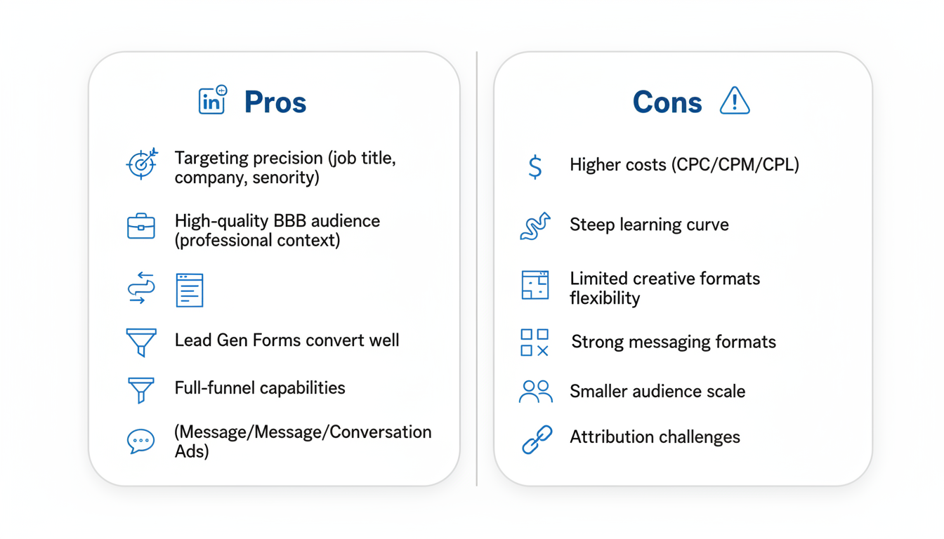 LinkedIn Ads: Pros vs Cons (Notion style)