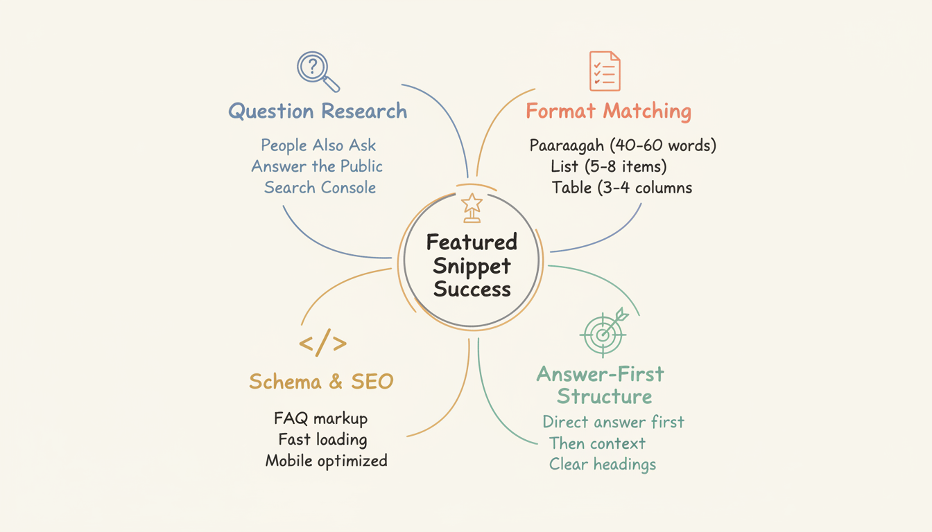 Featured snippet optimization framework with four pillars: Question Research, Format Matching, Answer-First Structure, and Schema & SEO