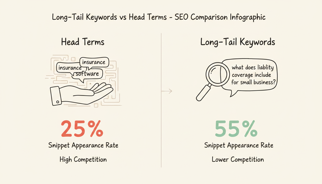 Long-tail keywords show 55% snippet appearance rate compared to 25% for head terms