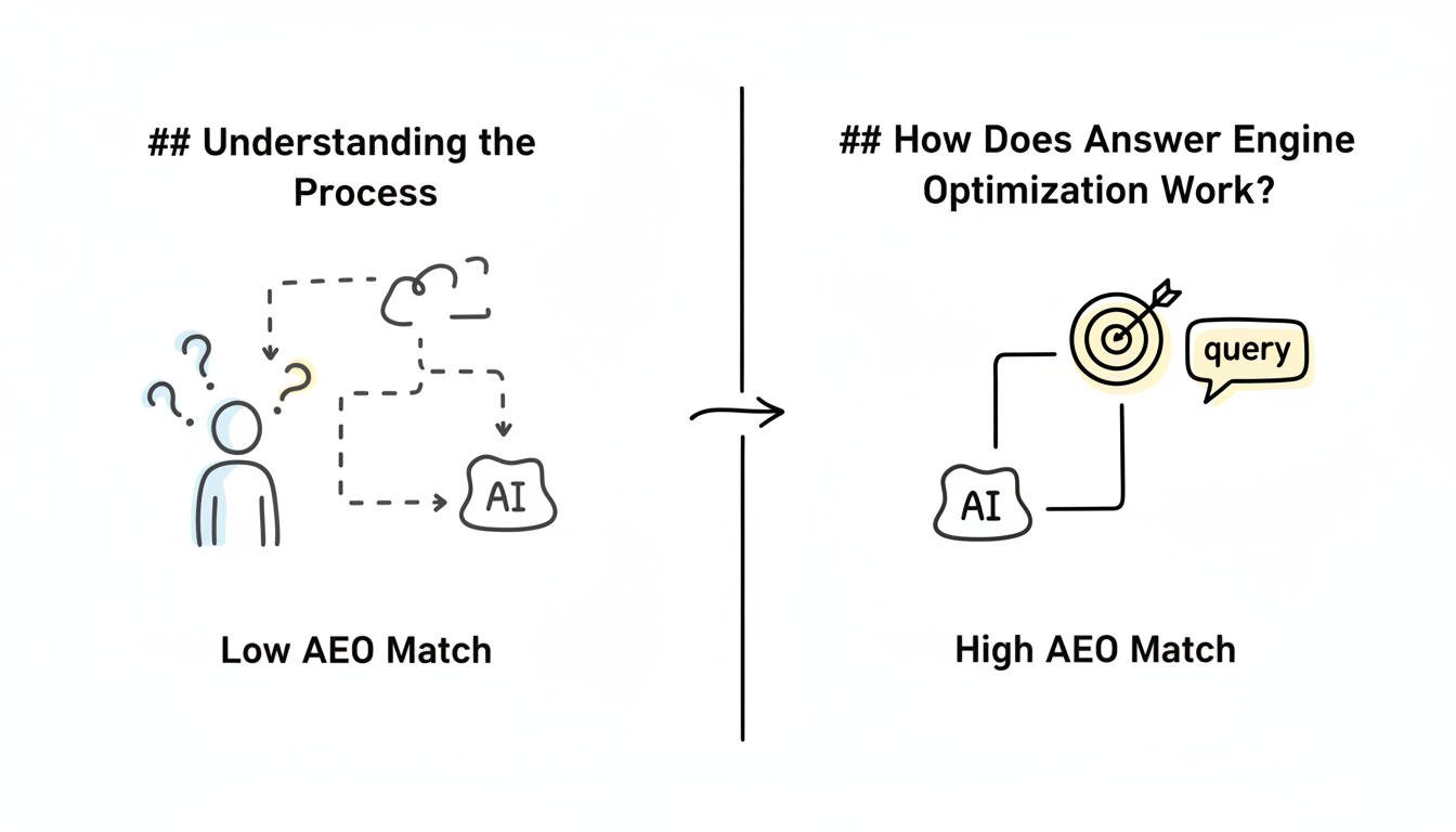 Comparison showing vague headers vs question headers for AEO - vague headers create confusion while question headers directly match user queries