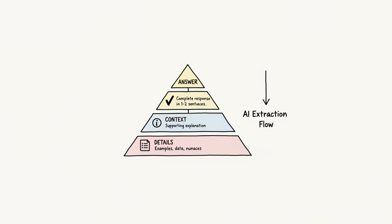 Inverted pyramid framework for AEO content structure showing Answer at top, Context in middle, and Details at bottom