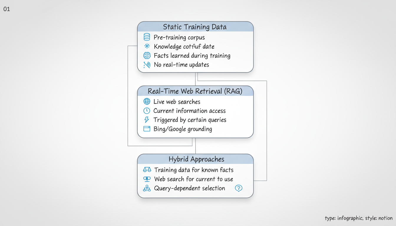 AI Information Architecture diagram showing the three-tier structure: Static Training Data at the top, Real-Time Web Retrieval (RAG) in the middle, and Hybrid Approaches at the bottom