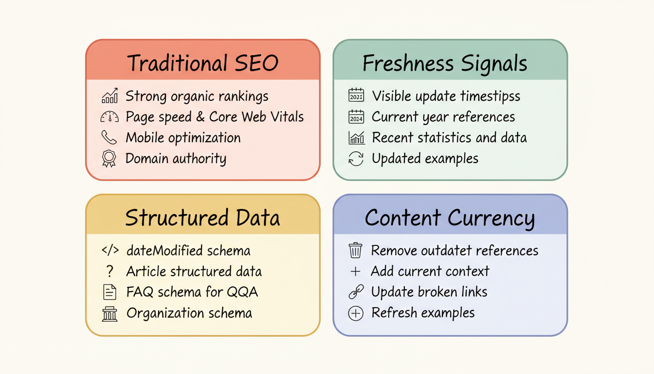 Real-Time Visibility Factors infographic showing four quadrants: Traditional SEO Foundation, Freshness Signals, Structured Data, and Content Currency