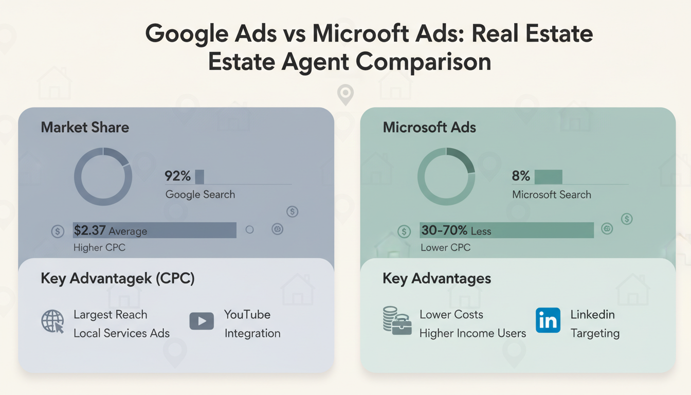 Google Ads vs Microsoft Ads comparison for real estate agents showing market share, CPC differences, and key platform advantages
